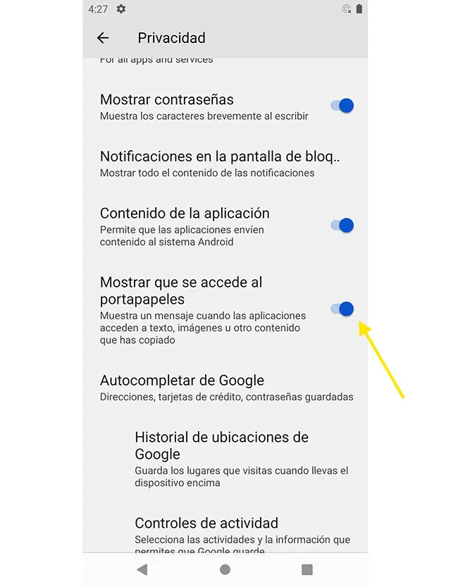 notificación de acceso al portapapeles