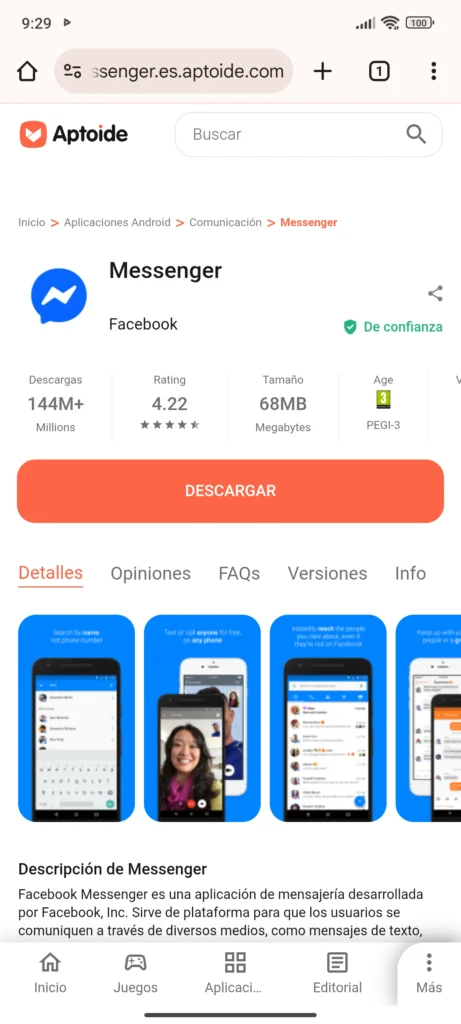 Ejemplo de descarga de Facebook Messenger con Aptoide